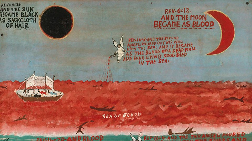 Detail of an artwork with quotes from the Book of Revelations.