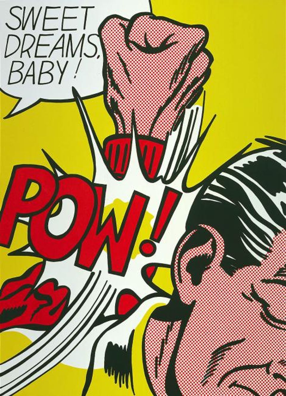 A pop art print of a cartoon animation of a man getting punched with the word "POW" and a yellow background.
