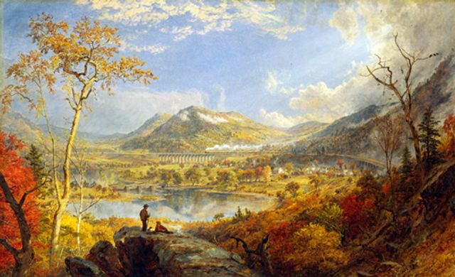 Cropsey's oil on canvas of a landscape in Pennsylvania with figures in the foreground, a lake in the middle ground and mountains in the background.