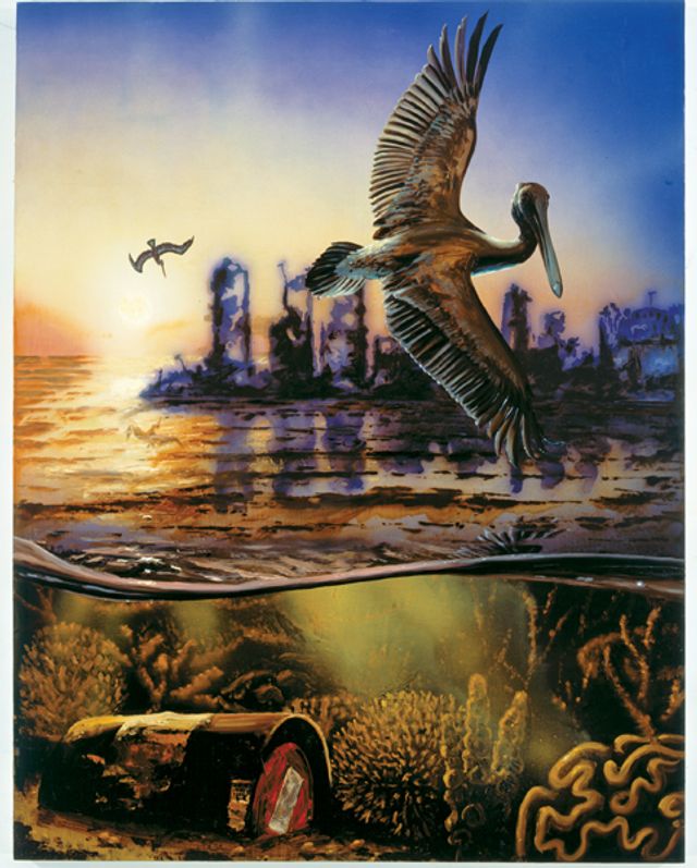 Rockman's oil painting with water and a pelican flying above the water.
