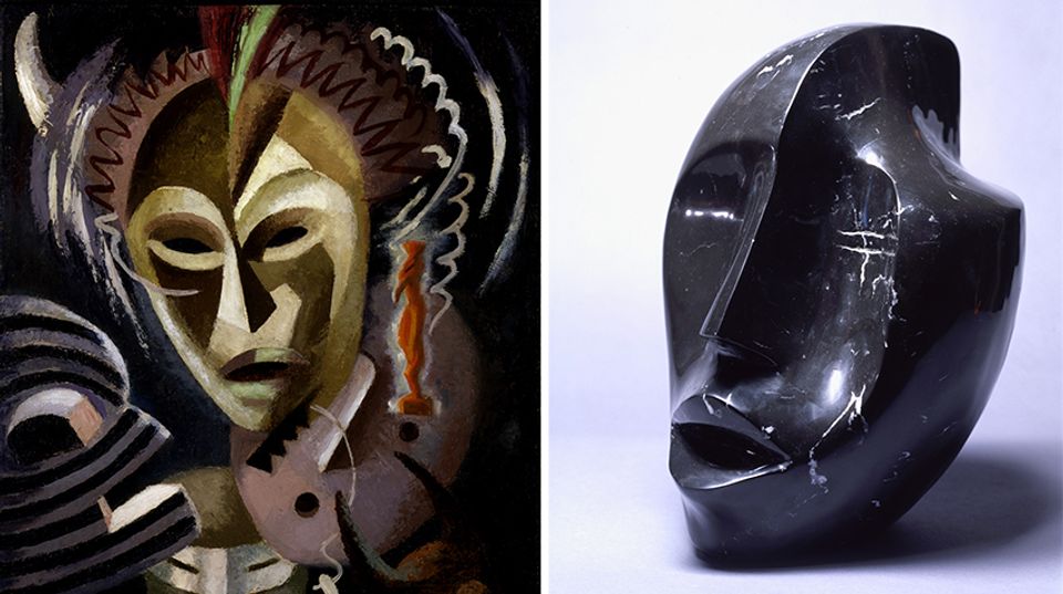 Side by side artworks. On the left: a painting with African mask references. On the right: a black sculpture, also with African mask references.