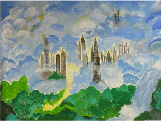 A drawing of a city in the sky surrounded by clouds