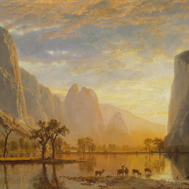 A painting of a valley with a lake.