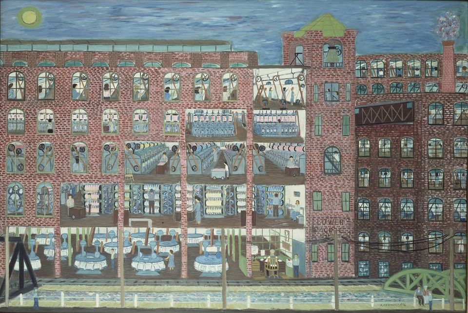 Fasanella's Mill Worker is a painting depicting the inside of a factory building. 