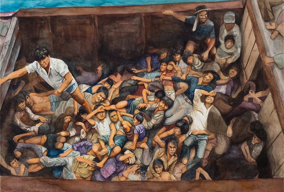 A painting of many people laying down in a container.