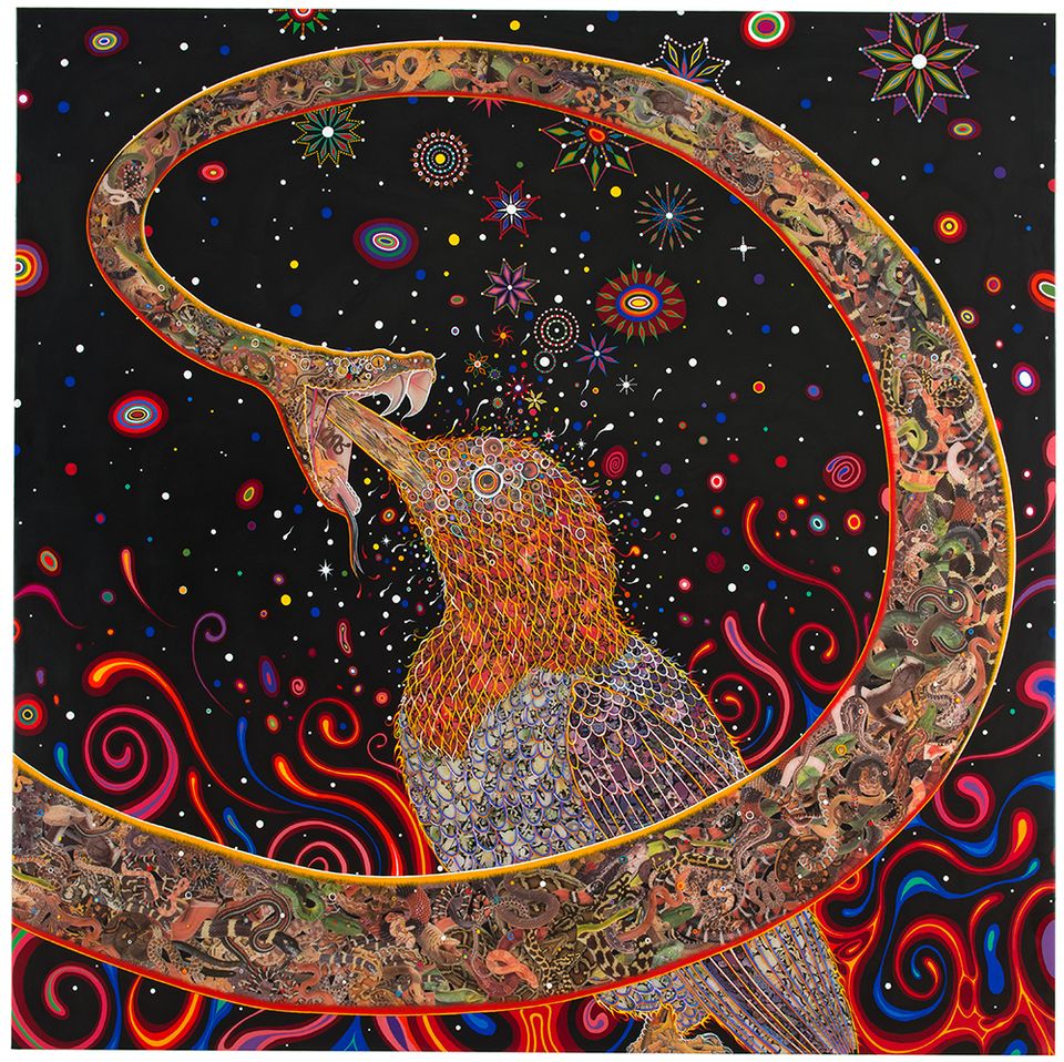 A collage of a bird and snake with the birds beak inside the snake. 