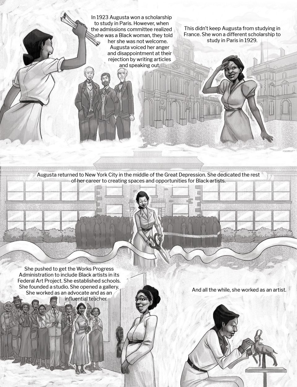 A highly detailed comic with five panels showing Augusta Savage