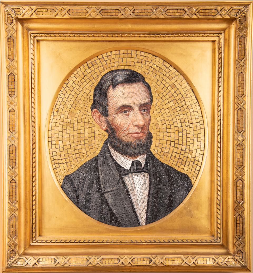 A portrait of Abraham Lincoln made from glass mosaic tiles.