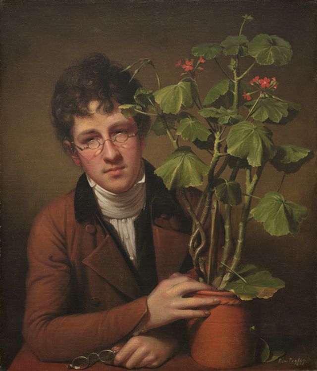 Peale's oil on canvas of Rubens Peale posed with geranium flowers.