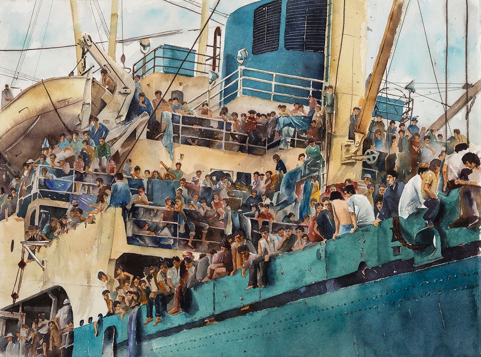 A painting of the side of a ship with a lot of people on it.