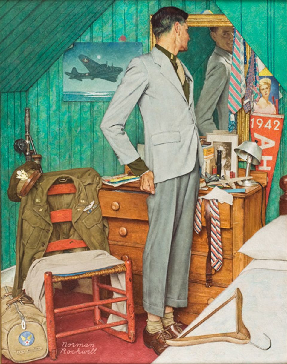 Rockwell's oil on canvas of a man in a suit checking himself out in the mirror.