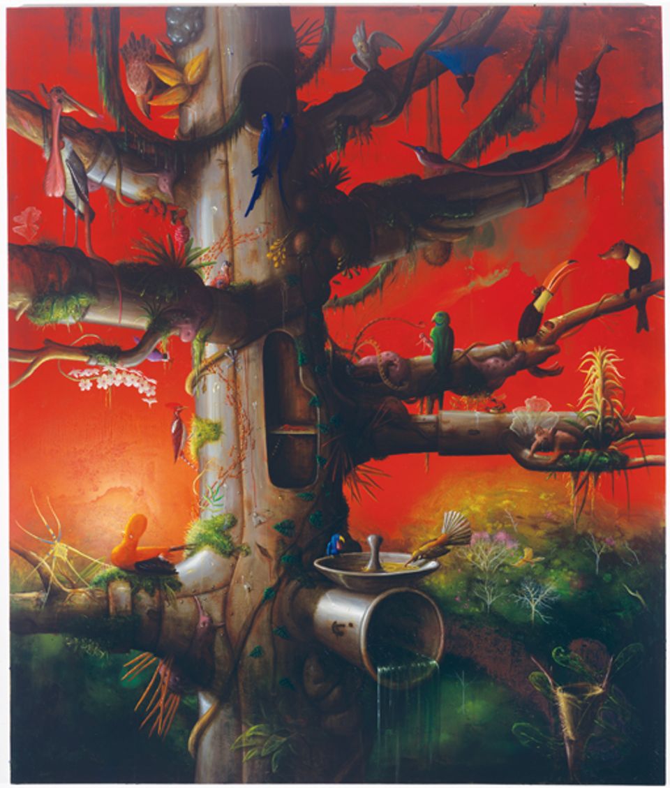 Rockman's oil painting of a tree and different types of birds on the branches.