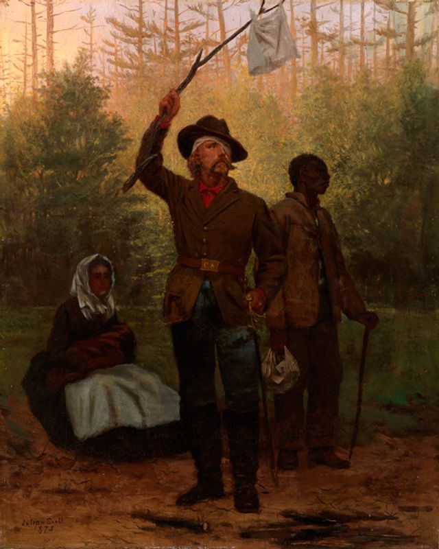 Scott's oil on canvas of a confederate soldier surrendering with a white cloth on a tree branch.