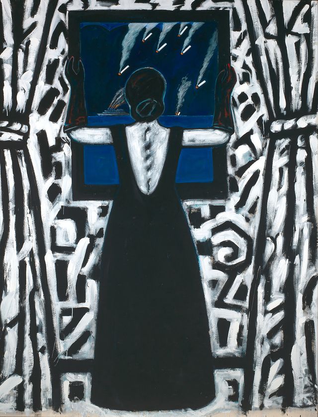 Acrylic on canvas of a woman looking out of a window as bombs are dropped outside.