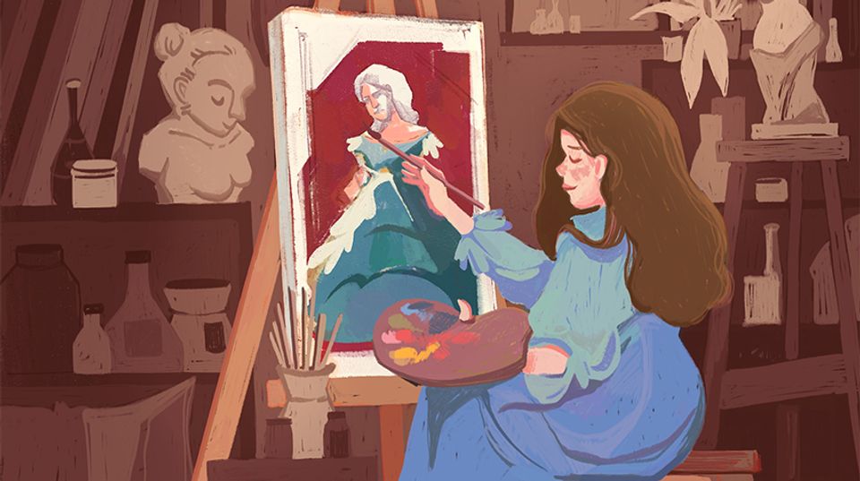 Illustration of a girl sitting in front of a canvas. She is painting a portrait.