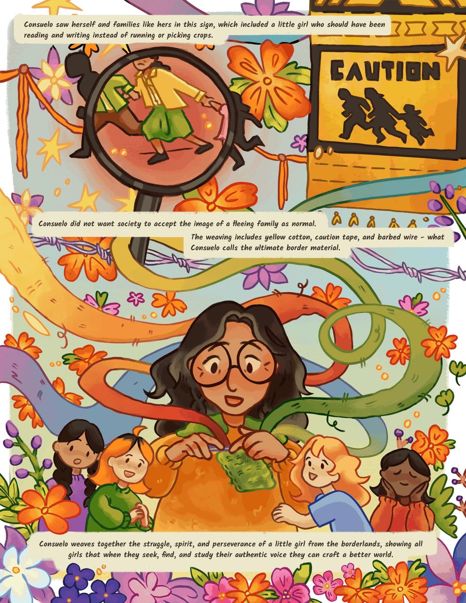 The border caution signs that influenced Consuelo, and an illustration of her teaching young girls about art, with descriptive text. 