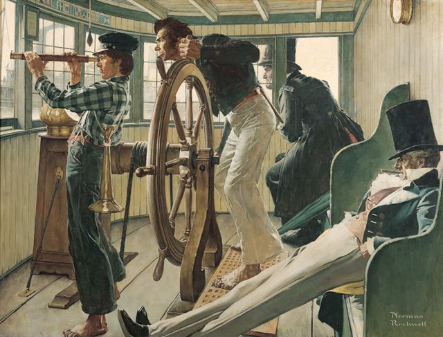 Rockwell's oil on canvas of an inside of a ship where there is one man sleeping, one watching out with a telescope, one man watching out the window, and another steering.