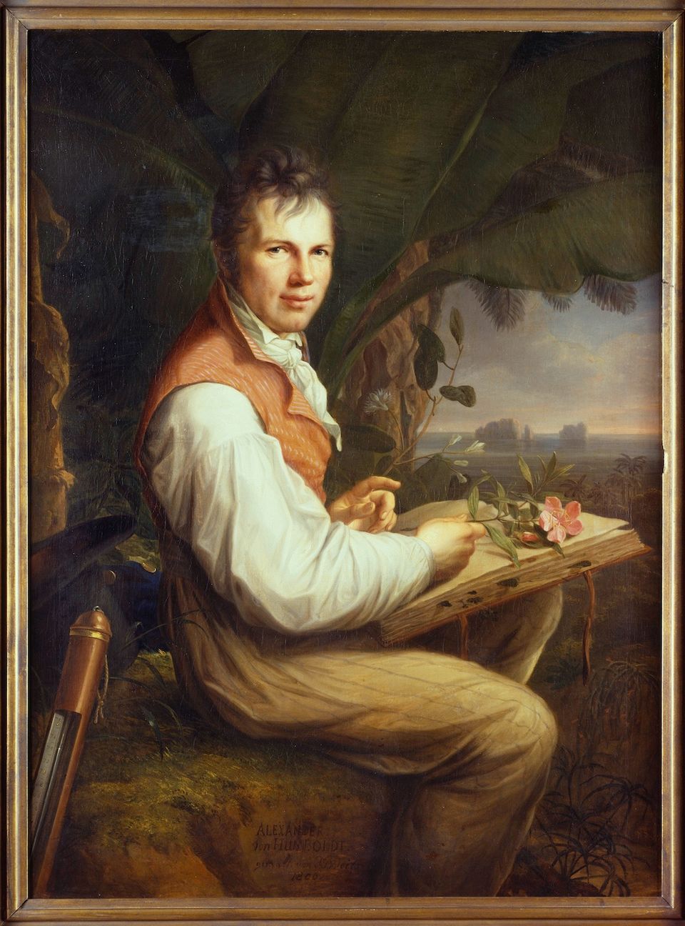 Portrait of Alexander von Humboldt by Friedrich Georg Weitsch. Man Sitting in front of a landscape.