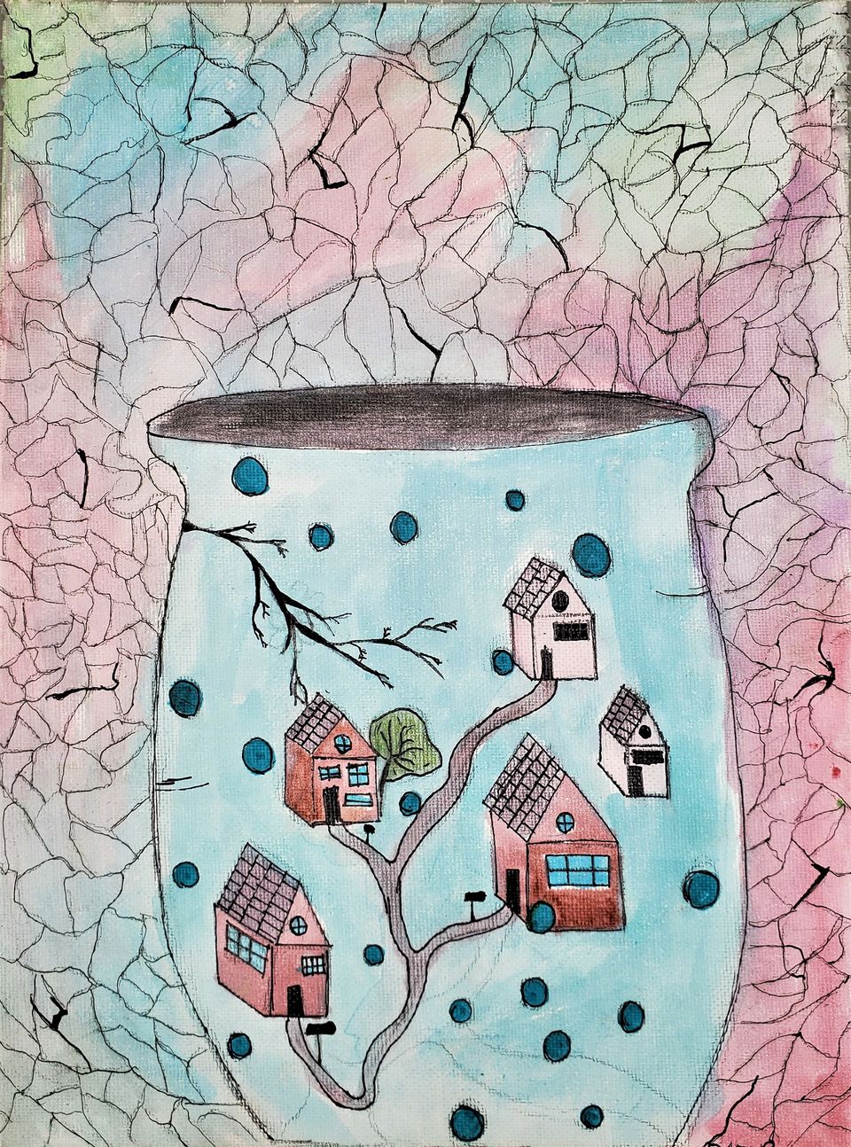 A drawing of a vase with houses on it