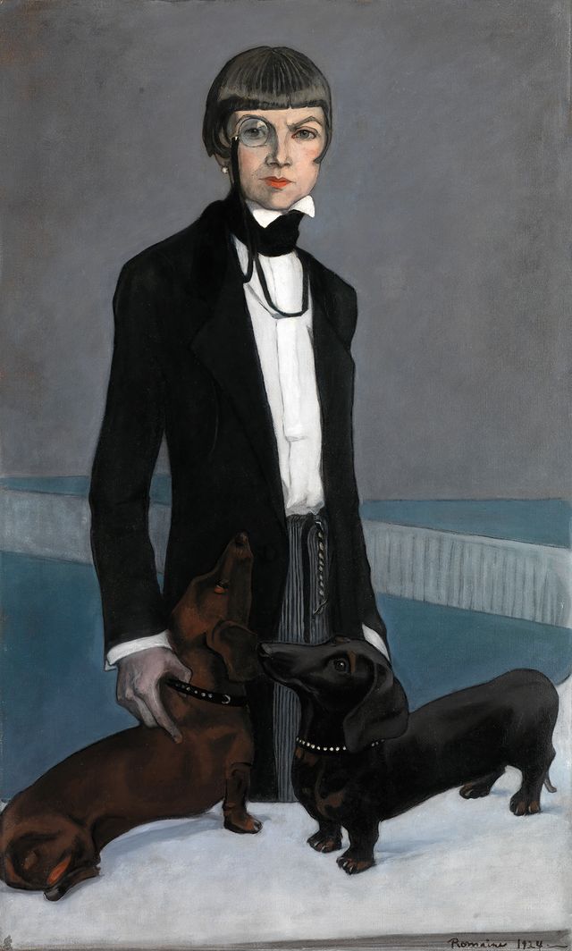 Romaine Brooks' Una, Lady Troubridge is a portrait of a woman posed with her two dogs.