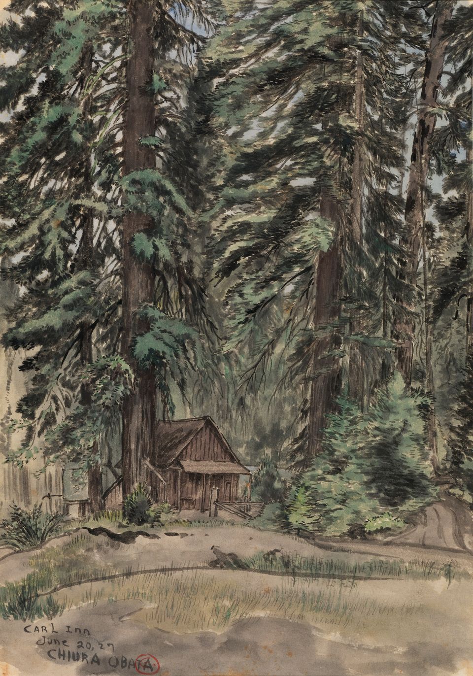 A watercolor image of a small inn surrounded by trees. 