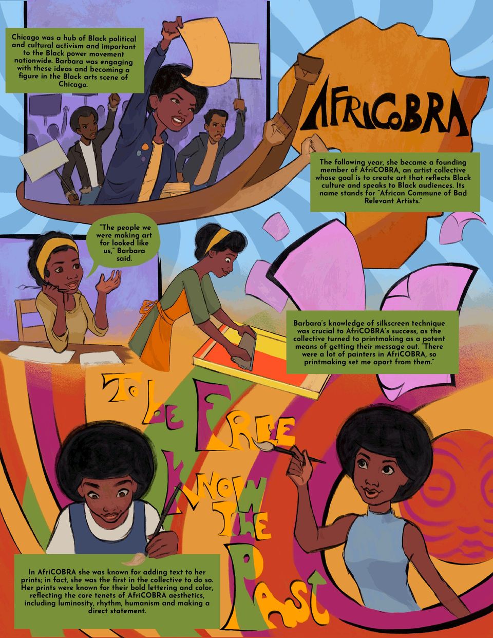Illustrations of Barbara engaging in the Black arts scene and making work for AfriCOBRA with written description.