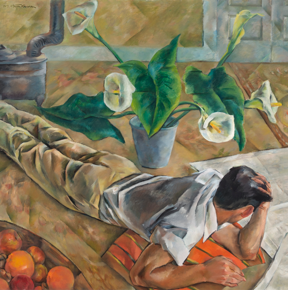 Painting of a man lying on the floor. He is looking away from the viewer.