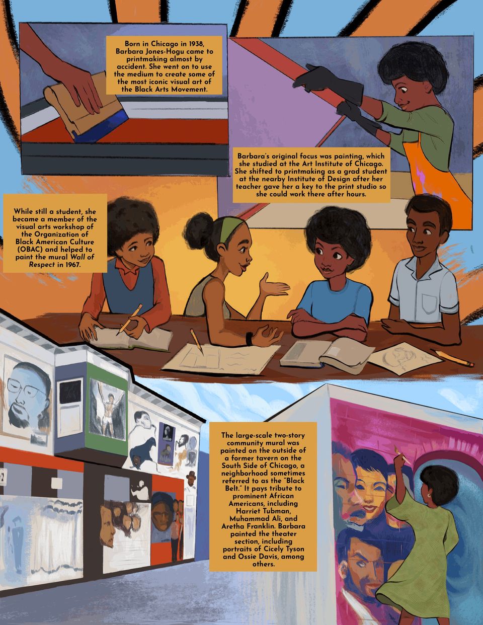 Illustrations and descriptions of Barbara printmaking, meeting with OBAC members, and painting the Wall of Respect in Chicago.