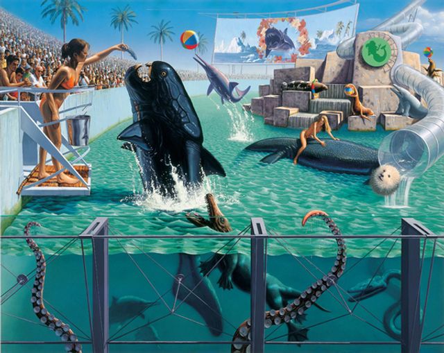 Rockman's oil painting of a trainer feeding a fish at Sea World with a crowd watching.