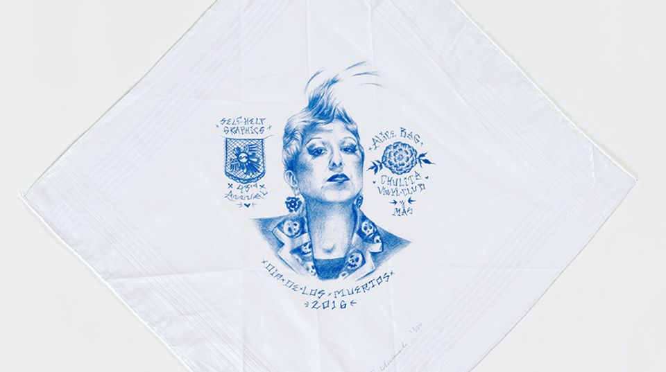 Portrait in blue ink on a hankerchief