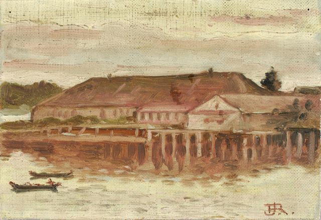 THEODORE J. RICHARDSON. Drying Skins, Sitka. Date: ca. 1880-1914. watercolor  on paper, mounted on colored paper. - Album alb9535547