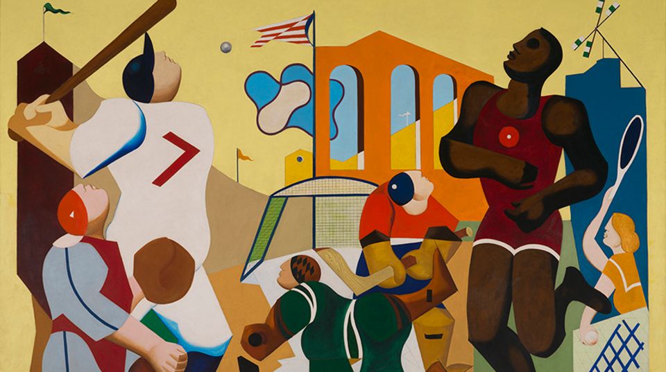 A painting displaying many different sports