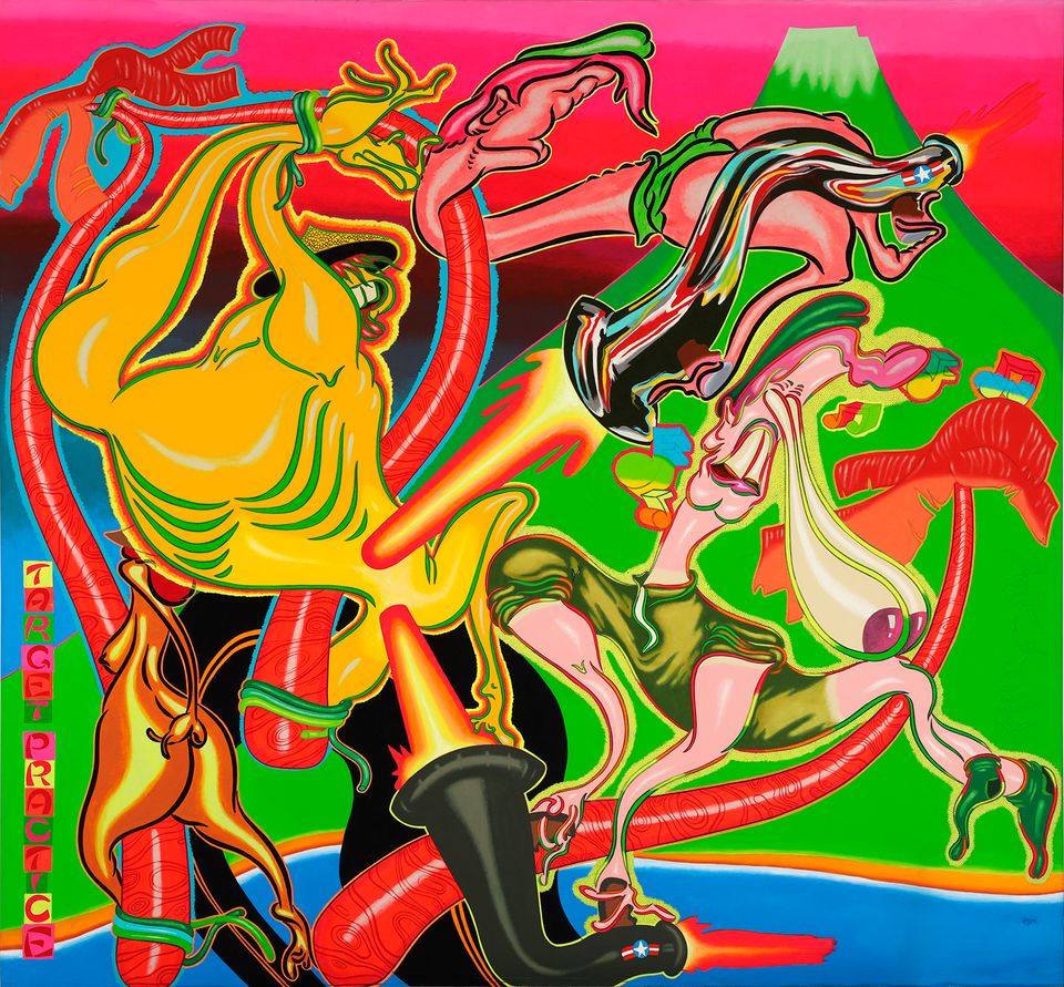 A painting in bright colors with abstract figures. 