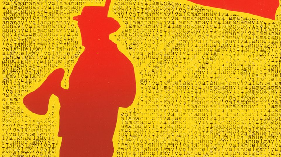Close up detail of figure in red standing against a yellow background with text