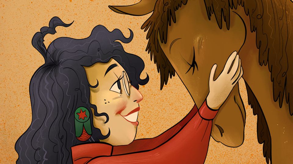 A tight crop of an illustration showing a girl with her hands on the face of a horse. She is smiling.