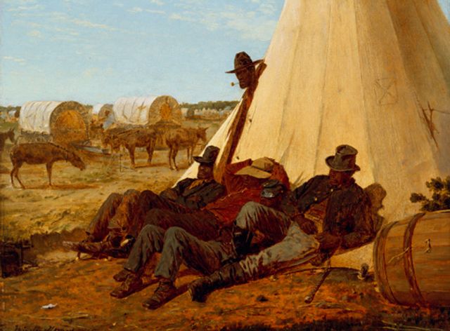 Homer's oil on canvas of figures resting against a teepee with wagons in the background.