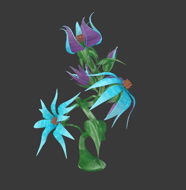 A digital reproduction of a purple and blue flower.
