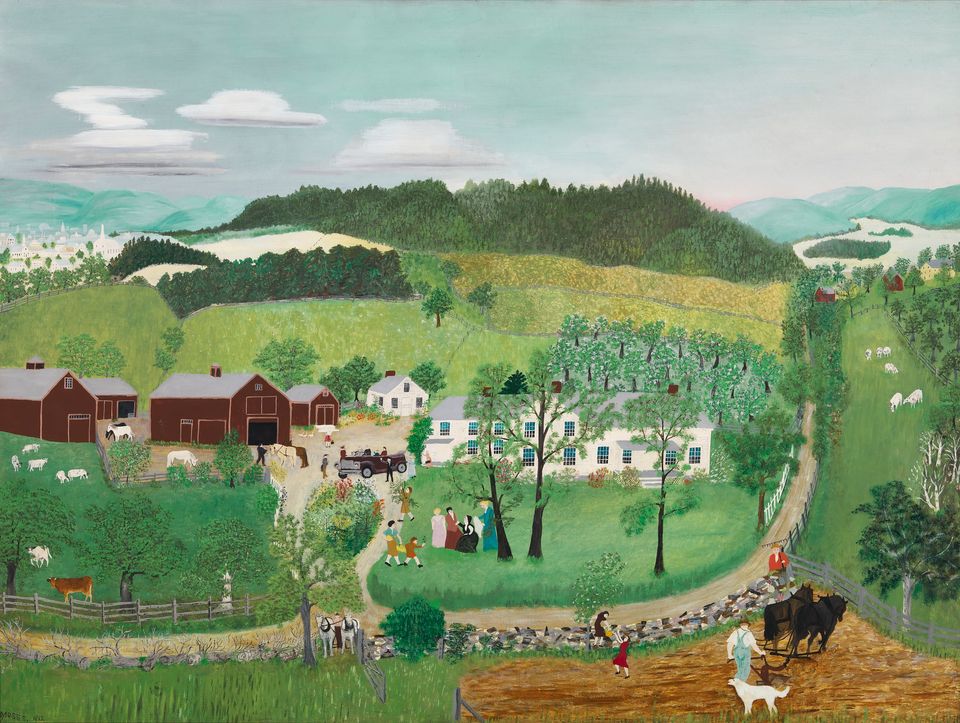 This is an image of an artwork by Grandma Moses that shows beautiful farm land and a trip into the city