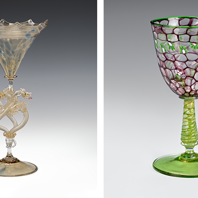 Two glass goblets side by side. The left has serpents on the stem, the right is a floral design.
