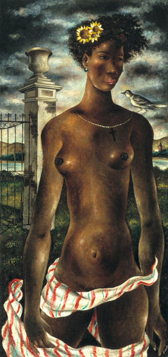 Cortor's oil painting of a naked woman with a bird on her shoulder.