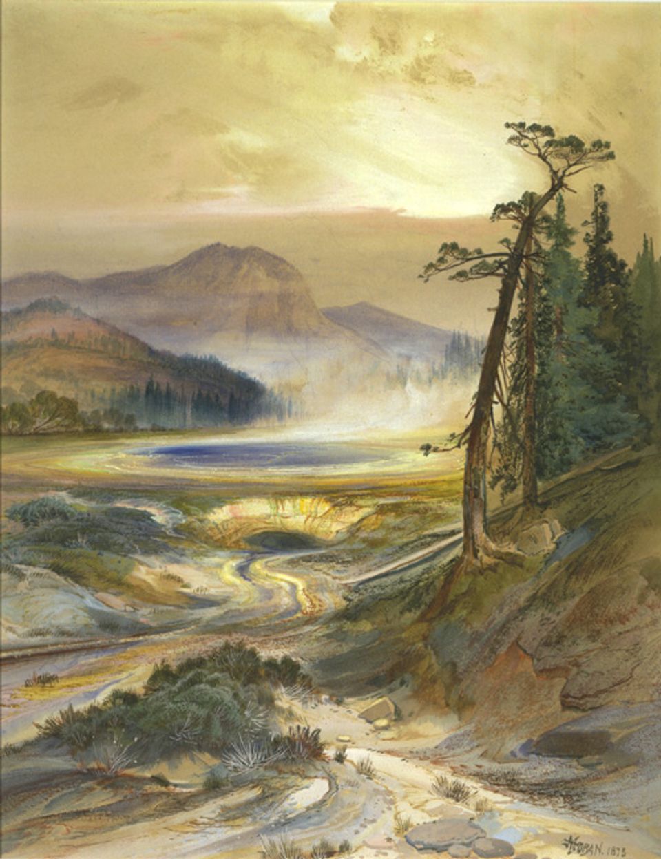 Moran's watercolor and pencil of the excelsior geyser in Yellowstone National Park.