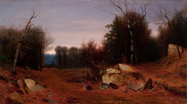 McEntee's oil on canvas of a landscape with rocks in the foreground, trees in the middle ground and the woods in the background.