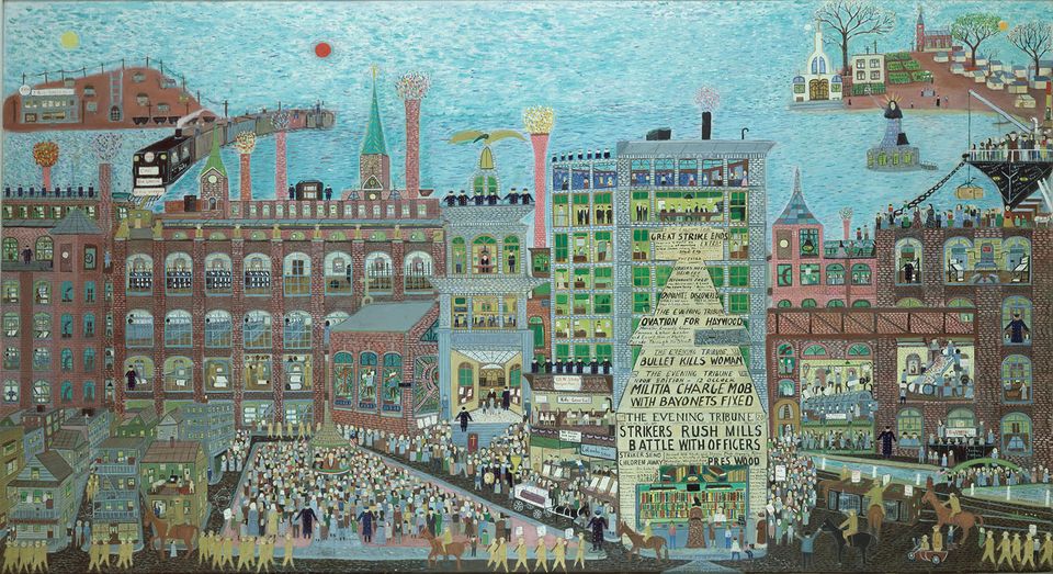 Fasanella's The Great Strike: Lawrence 1912 is a painting of people striking from their jobs in the city.