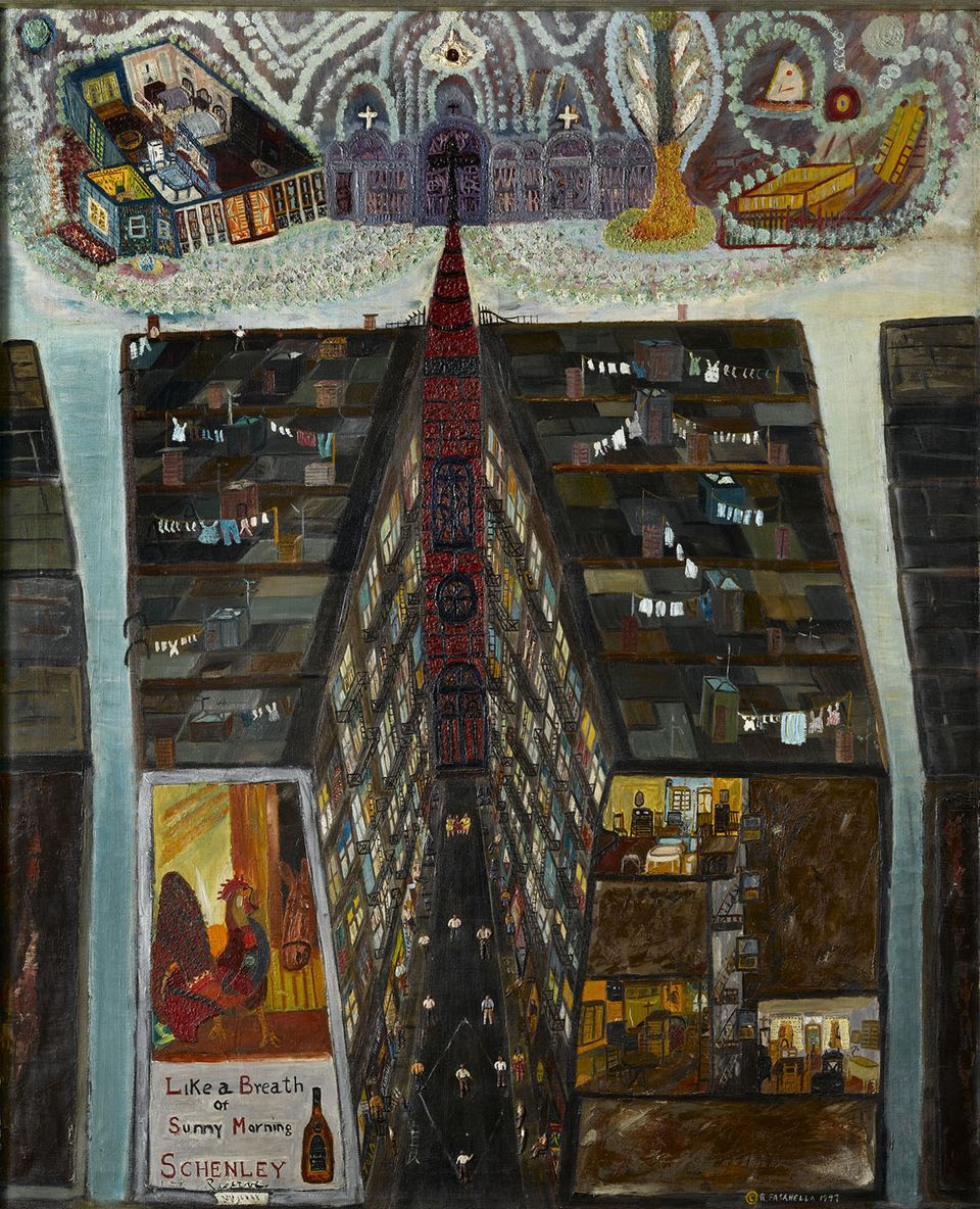 Fasanella's Pie in the Sky, an oil painting of a city block with a church towards the end.