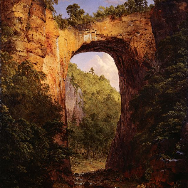 A painting of a bridge made from nature. 