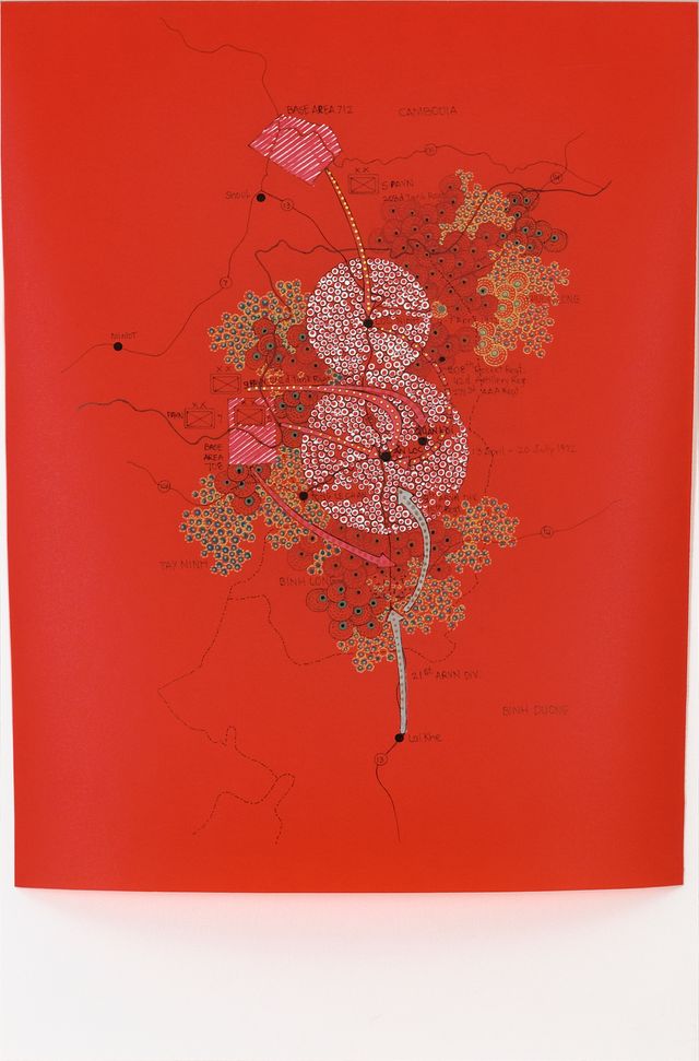 An map in red with lines and circles outlining attacks.