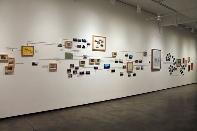 A photograph inside a gallery with artwork on the wall.