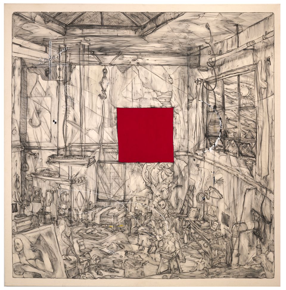A drawing of a studio space with a red square in the middle. 