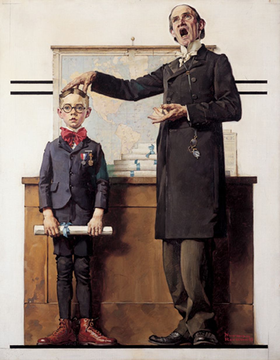 Rockwell's oil on canvas of a boy in a classroom with a diploma and his teacher saying something and putting his hand on the boy's head.  
