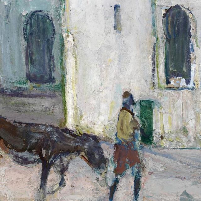 A painting of Morocco with a man and a mule walking in the street.